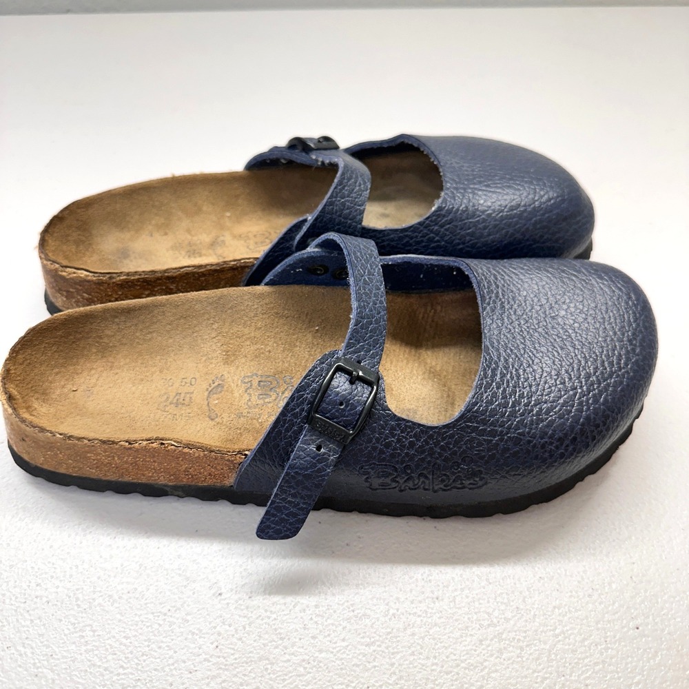 Birkis Birkenstock Navy Blue Pebbled Leather Mary Jane Clogs EU 38 245